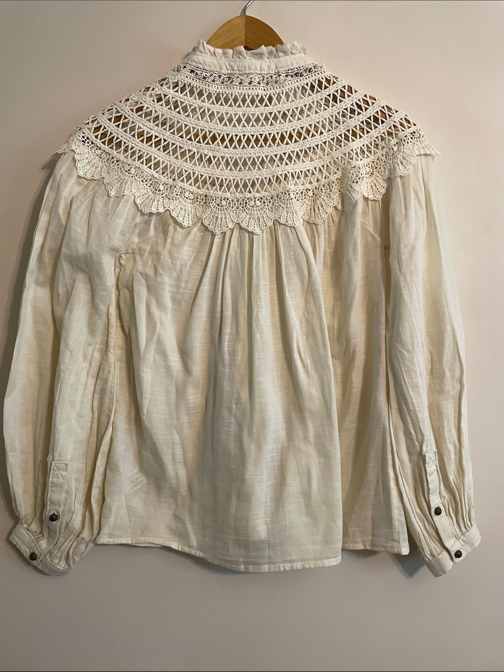 Pilcro Lace Yoke Peasant Blouse Cream Boho Cottagecore Long Sleeve XXS - Picture 9 of 10